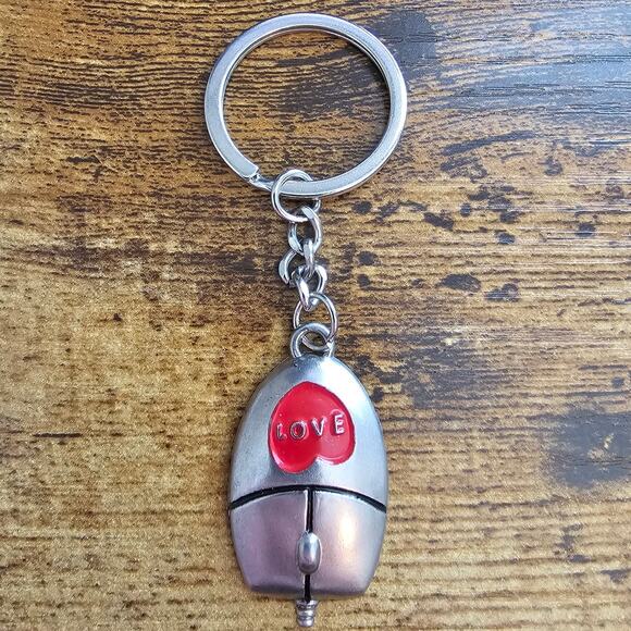 Vintage Y2K Metal Keychain Computer Mouse Love - Picture 1 of 2